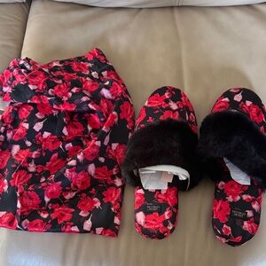 Victoria's Secret Black and Red Floral Slippers